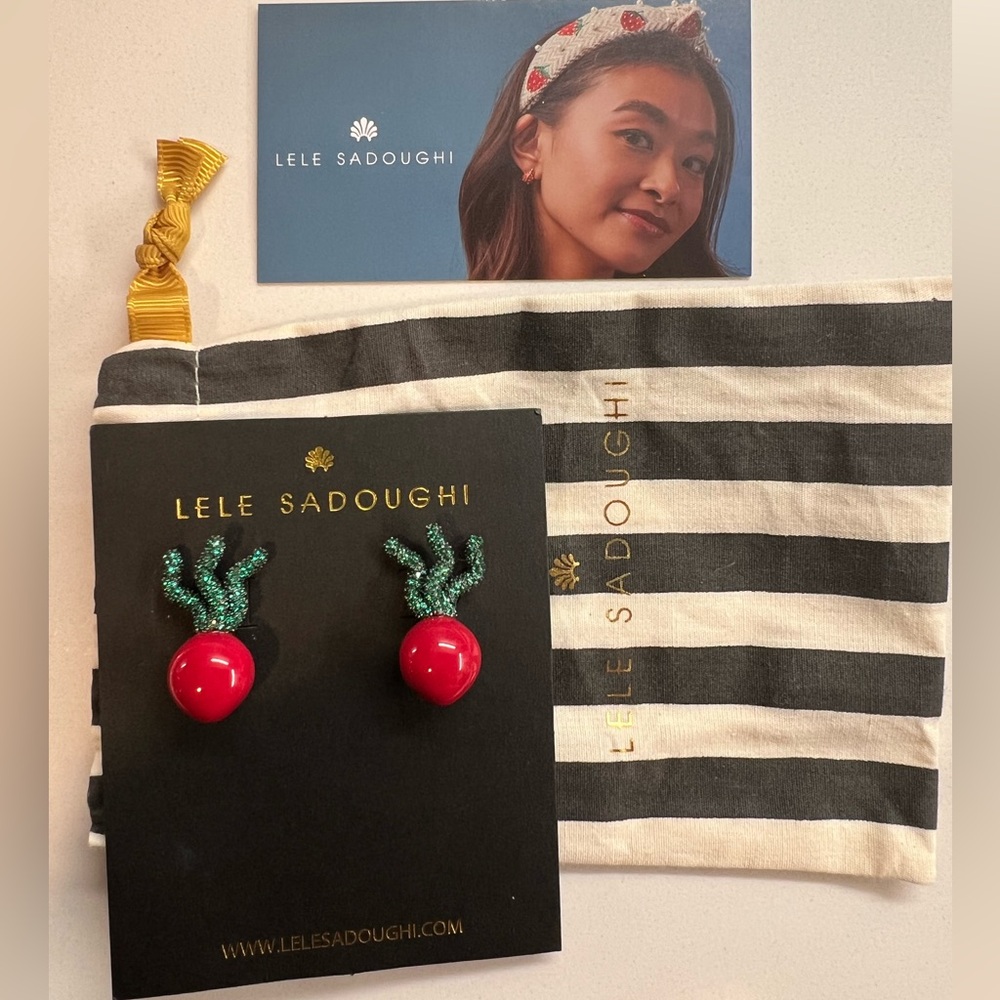 BNWT Lele Sadoughi Crystal Radish Red Green Button Earrings $165 (+ $15 CA tax).